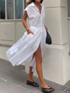 COMMENSE Cotton Blends Sleeveless Split Midi Dress* White Dresses|Casual Dresses