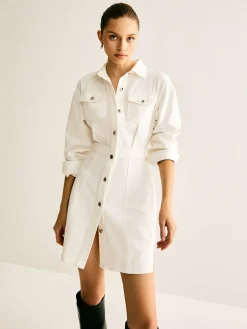 COMMENSE Cotton Breasted Cinched Dress* White Dresses|Casual Dresses