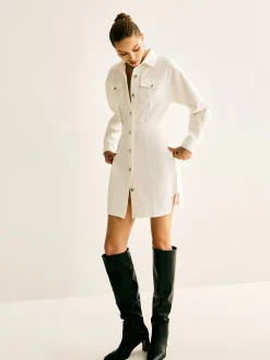 COMMENSE Cotton Breasted Cinched Dress* White Dresses|Casual Dresses