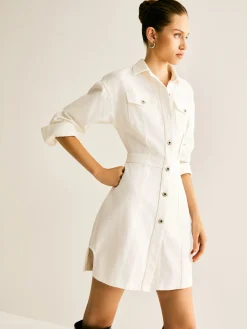 COMMENSE Cotton Breasted Cinched Dress* White Dresses|Casual Dresses