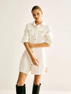 COMMENSE Cotton Breasted Cinched Dress* White Dresses|Casual Dresses