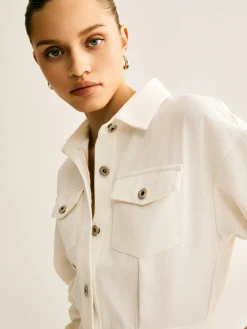 COMMENSE Cotton Breasted Cinched Dress* White Dresses|Casual Dresses
