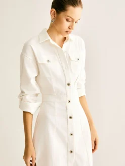 COMMENSE Cotton Breasted Cinched Dress* White Dresses|Casual Dresses