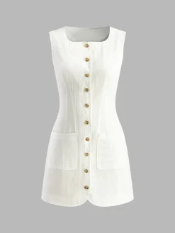 COMMENSE Cotton Button-Front Short Dress* White Dresses|Black Dresses