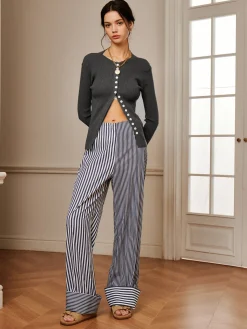 COMMENSE Cotton Contrast Binding Pinstripe Pants* Pants|Bottoms