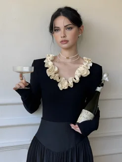 COMMENSE Cotton Floral Trim Slim Blouse* Blouses & Shirts|Tops