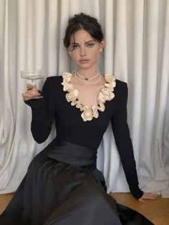 COMMENSE Cotton Floral Trim Slim Blouse* Blouses & Shirts|Tops