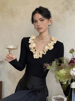 COMMENSE Cotton Floral Trim Slim Blouse* Blouses & Shirts|Tops