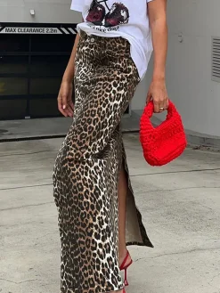 COMMENSE Cotton Leopard Print Split Midi Dress* Skirts|Bottoms
