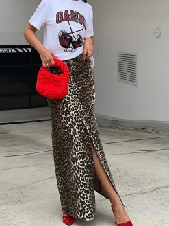COMMENSE Cotton Leopard Print Split Midi Dress* Skirts|Bottoms