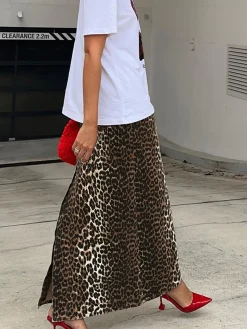 COMMENSE Cotton Leopard Print Split Midi Dress* Skirts|Bottoms