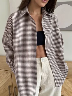 COMMENSE Cotton Plaid Lapel Versatile Shirt* Blouses & Shirts|Tops
