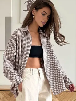 COMMENSE Cotton Plaid Lapel Versatile Shirt* Blouses & Shirts|Tops