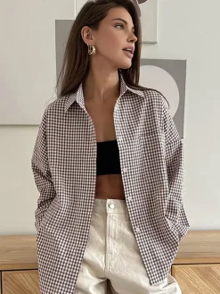 COMMENSE Cotton Plaid Lapel Versatile Shirt* Blouses & Shirts|Tops