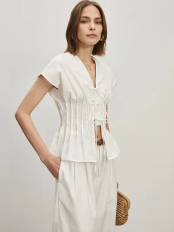 COMMENSE Cotton Pleated Knotted Blouse* Blouses & Shirts|Tops