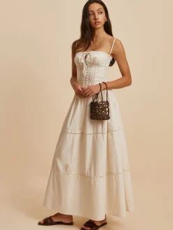 COMMENSE Cotton Pleated Low Cut Dress* White Dresses|Casual Dresses