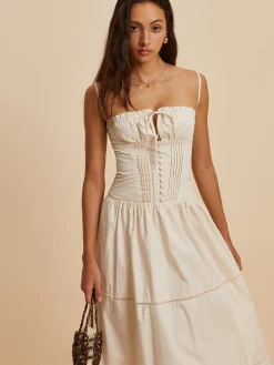 COMMENSE Cotton Pleated Low Cut Dress* White Dresses|Casual Dresses