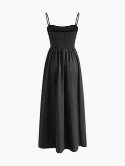 COMMENSE Cotton Sleeveless Pockets Cutout Long Dress* Black Dresses|Casual Dresses