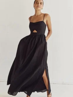 COMMENSE Cotton Sleeveless Pockets Cutout Long Dress* Black Dresses|Casual Dresses