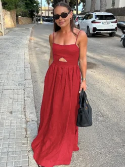 COMMENSE Cotton Sleeveless Pockets Cutout Long Dress* Black Dresses|Casual Dresses