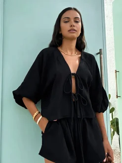 COMMENSE Cotton Tie-Front Long Sleeve Shorts Set* Shorts Sets|Shorts
