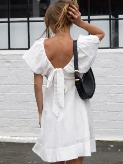 COMMENSE Cotton V-Neck Puff Sleeves Backless Dress* White Dresses|Casual Dresses
