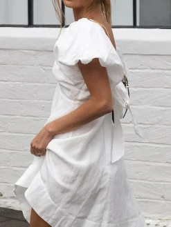 COMMENSE Cotton V-Neck Puff Sleeves Backless Dress* White Dresses|Casual Dresses