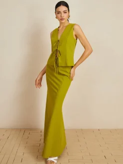 COMMENSE Cotton V-Neck Tie Front Skirt Set* Skirt Sets|Long Sleeve Sets