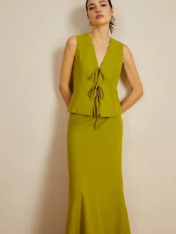 COMMENSE Cotton V-Neck Tie Front Skirt Set* Skirt Sets|Long Sleeve Sets