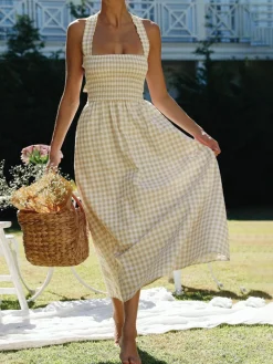 COMMENSE Countryside Plaid Print Halter Criss Cross Long Dress* White Dresses|Casual Dresses