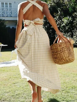 COMMENSE Countryside Plaid Print Halter Criss Cross Long Dress* White Dresses|Casual Dresses
