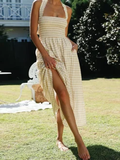 COMMENSE Countryside Plaid Print Halter Criss Cross Long Dress* White Dresses|Casual Dresses