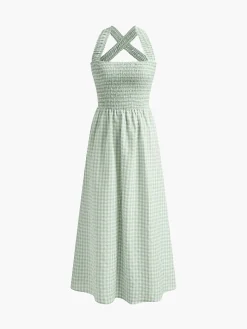 COMMENSE Countryside Plaid Print Halter Criss Cross Long Dress* White Dresses|Casual Dresses