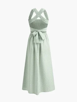 COMMENSE Countryside Plaid Print Halter Criss Cross Long Dress* White Dresses|Casual Dresses