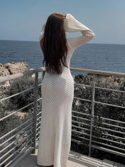COMMENSE Cover Up Long Sleeve Open Back Long Dress* White Dresses|Black Dresses