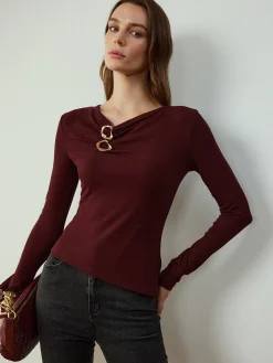COMMENSE Cowl Neck Metal Decor Slim Blouse* Blouses & Shirts|Tops