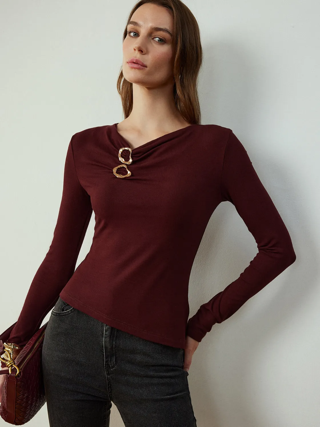 COMMENSE Cowl Neck Metal Decor Slim Blouse* Blouses & Shirts|Tops