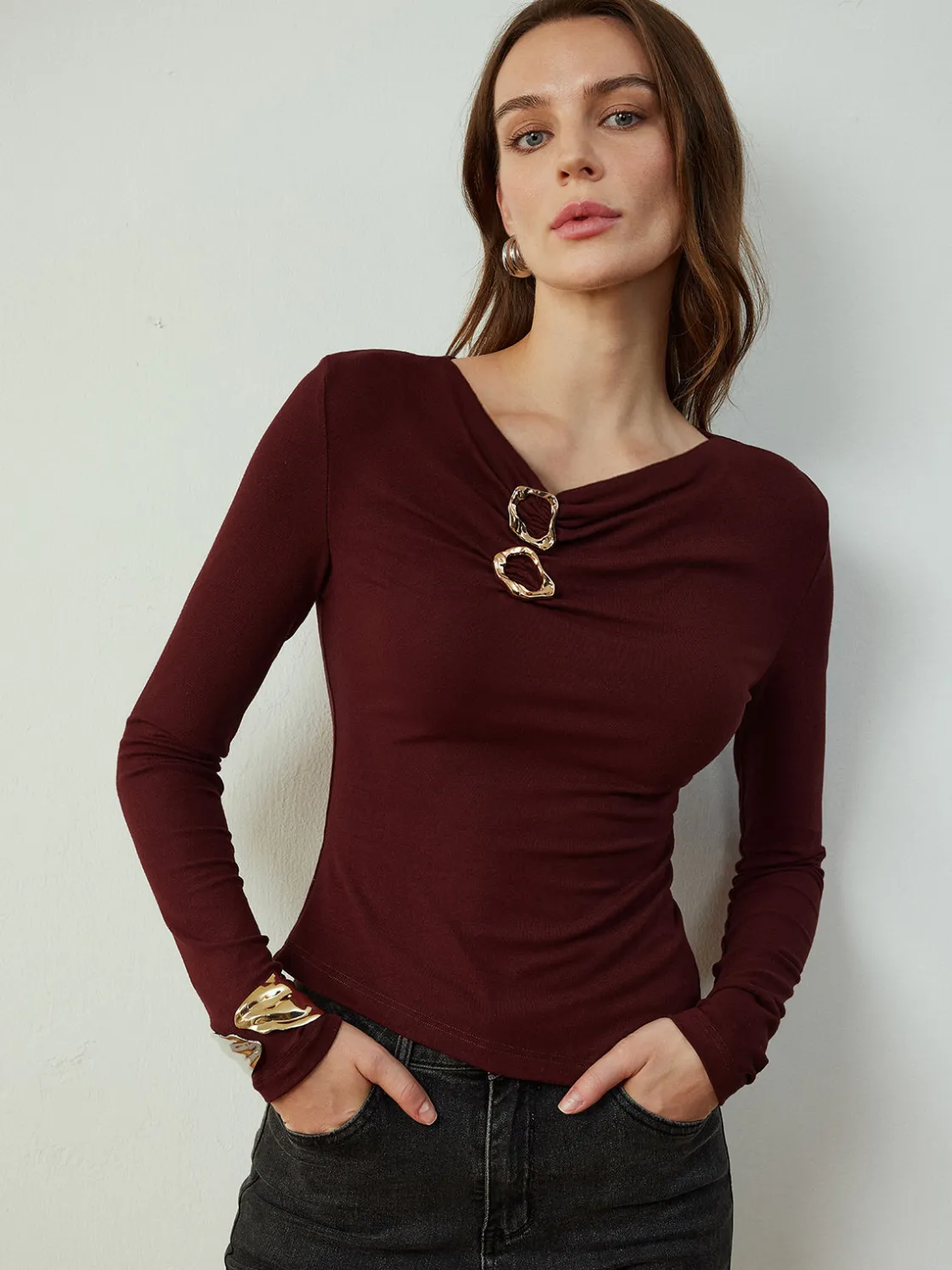 COMMENSE Cowl Neck Metal Decor Slim Blouse* Blouses & Shirts|Tops