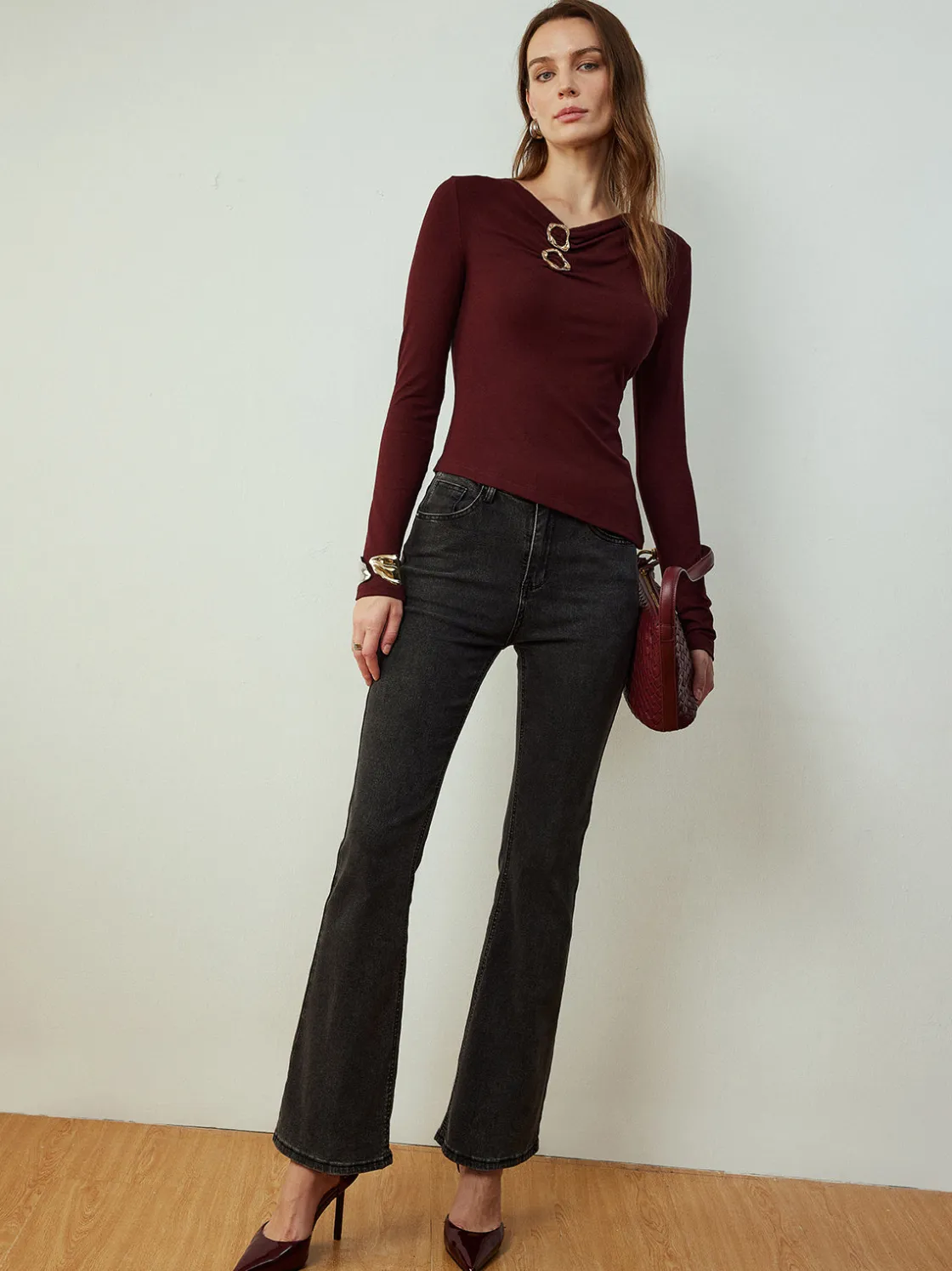 COMMENSE Cowl Neck Metal Decor Slim Blouse* Blouses & Shirts|Tops