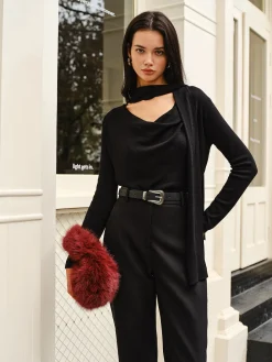 COMMENSE Cowl Neck Ribbon Knit Top* Sweater Tops|Sweaters & Cardigans