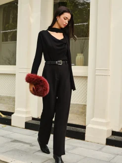 COMMENSE Cowl Neck Ribbon Knit Top* Sweater Tops|Sweaters & Cardigans