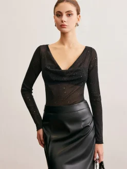 COMMENSE Cowl Neck Sequins Thin Blouse* Blouses & Shirts|Tops