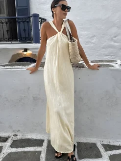 COMMENSE Creamy Halter Long Dress* White Dresses|Casual Dresses