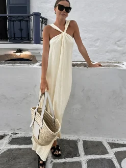 COMMENSE Creamy Halter Long Dress* White Dresses|Casual Dresses