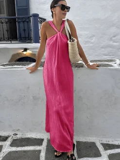 COMMENSE Creamy Halter Long Dress* White Dresses|Casual Dresses