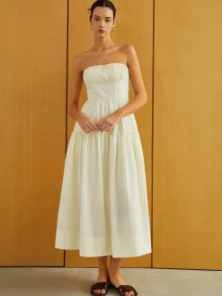 COMMENSE Creamy Zipper Pleated Midi Dress* Work Dresses|Vacation Dresses