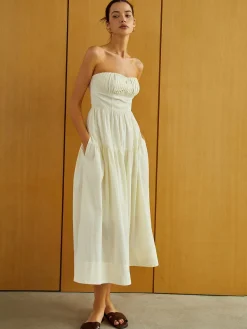 COMMENSE Creamy Zipper Pleated Midi Dress* Work Dresses|Vacation Dresses