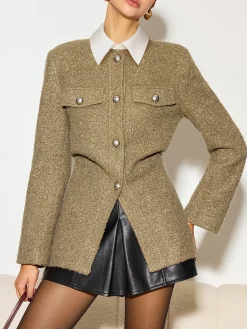 COMMENSE Crew Neck Button Down Tweed Coat* Outerwear|Tops