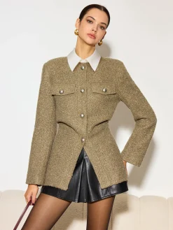 COMMENSE Crew Neck Button Down Tweed Coat* Outerwear|Tops