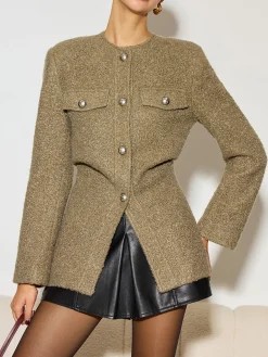 COMMENSE Crew Neck Button Down Tweed Coat* Outerwear|Tops